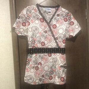 Landau black red circles maternity tie back scrub top